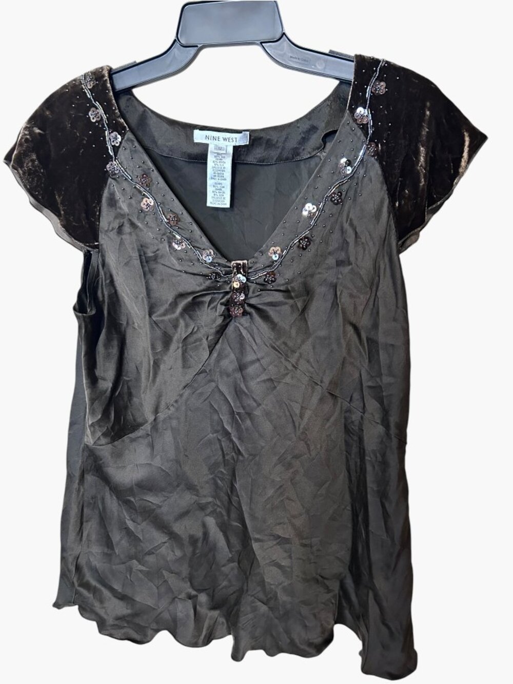 Nine West Y2K Brown Silk Velvet Beaded Cap-Sleeve Blouse Size 12